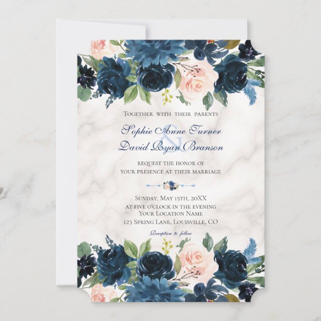 Charm Pink Navy Blumen Blütenmarmorne Hochzeit Einladung (Vorderseite)