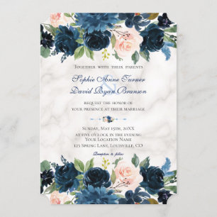 Charm Pink Navy Blumen Blütenmarmorne Hochzeit Einladung
