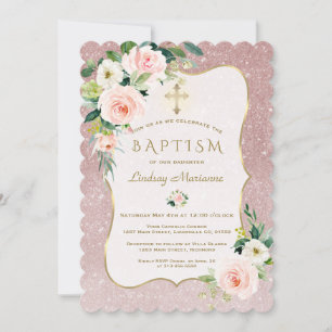 Charm Pink Weiße Blume Rose Gold Glitzer Taufe Einladung