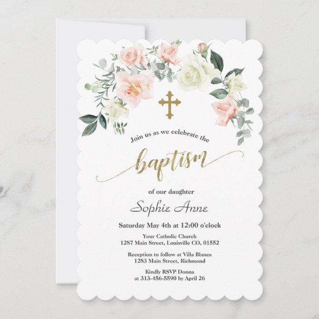 Charm Pink White Blume Gold Cross Taufen Einladung (Vorderseite)