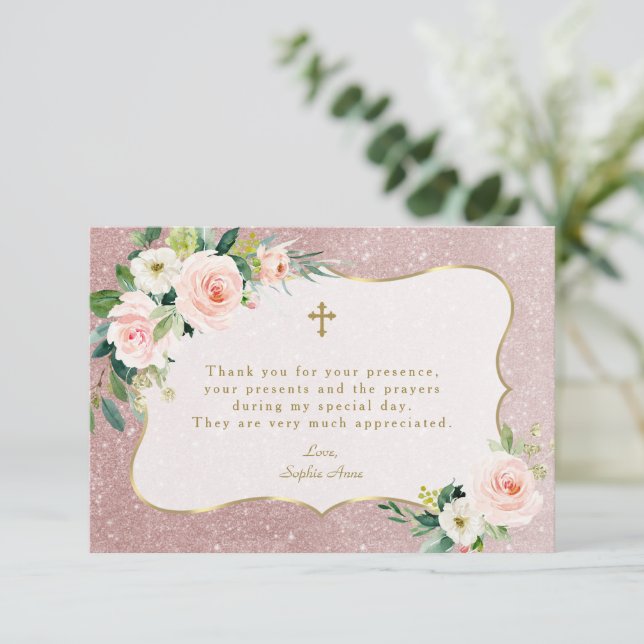 Charm Pink White Floral Rose Gold Glitzer Taufe Dankeskarte (Stehend Vorderseite)