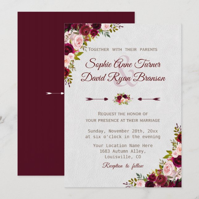 Charm Rustic Burgundy Marsala Floral Wedding Einladung (Vorne/Hinten)