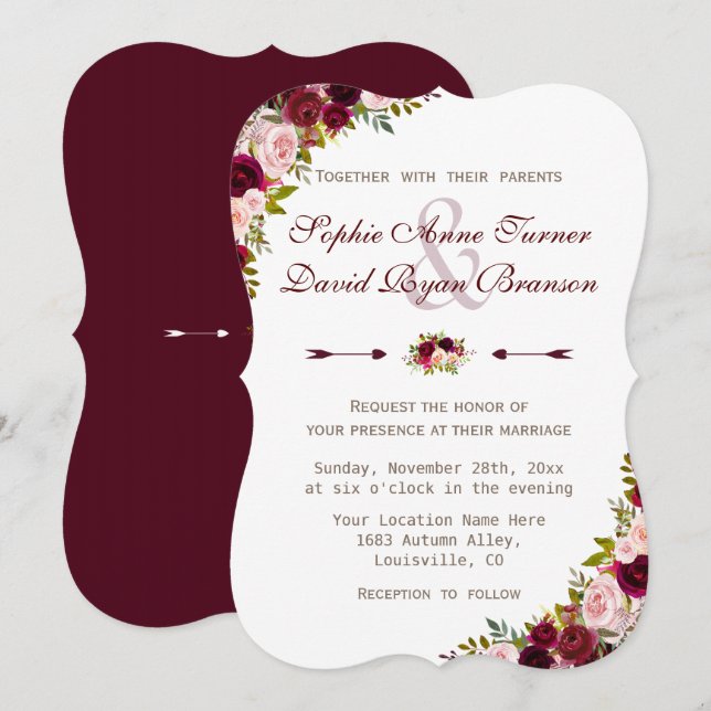 Charm Rustic Burgundy Marsala Floral Wedding Einladung (Vorne/Hinten)