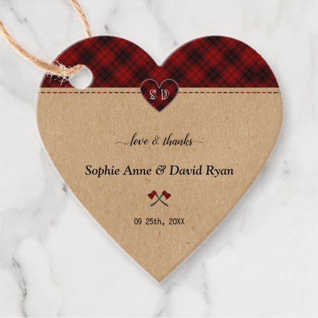 Charm Rustic Red Buffalo Kariert Monogram Wedding Geschenkanhänger (Vorderseite)