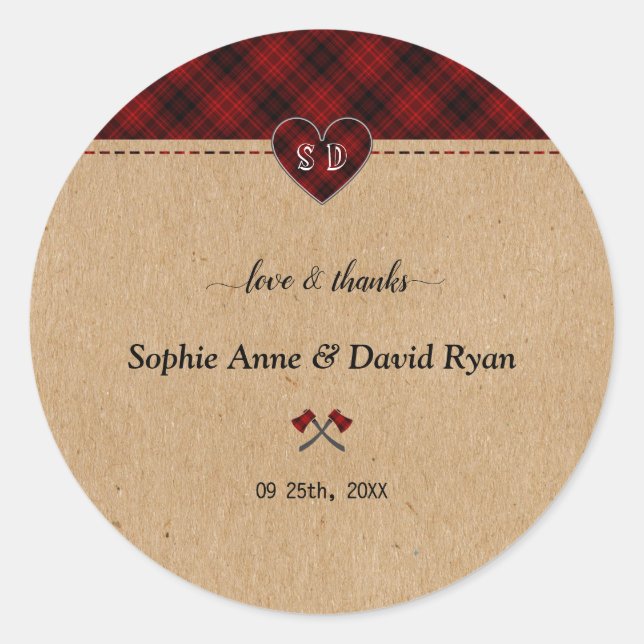 Charm Rustic Red Buffalo Kariert Monogram Wedding Runder Aufkleber (Vorderseite)