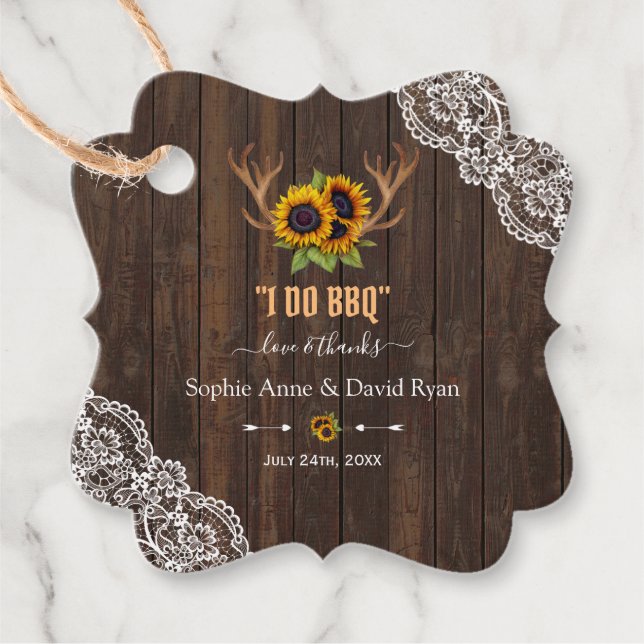 Charm Rustic Sonnenblumen Antlers Wood Lace I DO G Geschenkanhänger (Vorderseite)
