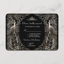 Charm Silver Art Deco Peacocks Wedding RSVP Karte