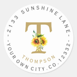 Charm Sunflowers Monogram Circle Address Label Runder Aufkleber