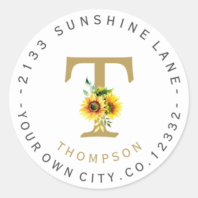 Charm Sunflowers Monogram Circle Address Label Runder Aufkleber (Vorderseite)