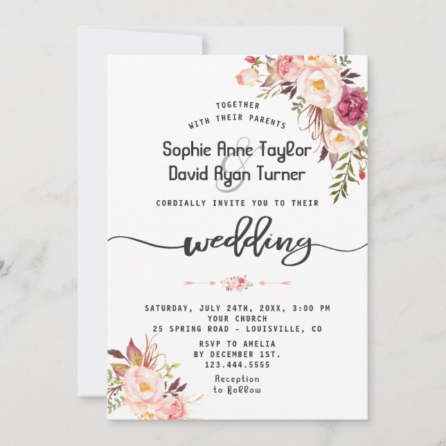 Charm Watercolor Blush Pink Blumenzange Einladung (Vorderseite)