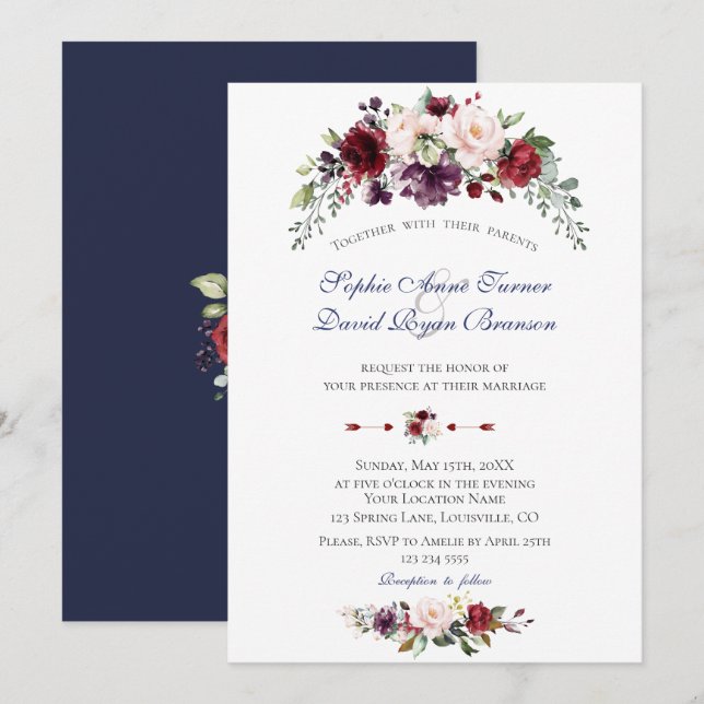 Charm Watercolor Burgundy Blush Blume Hochzeit Einladung (Vorne/Hinten)