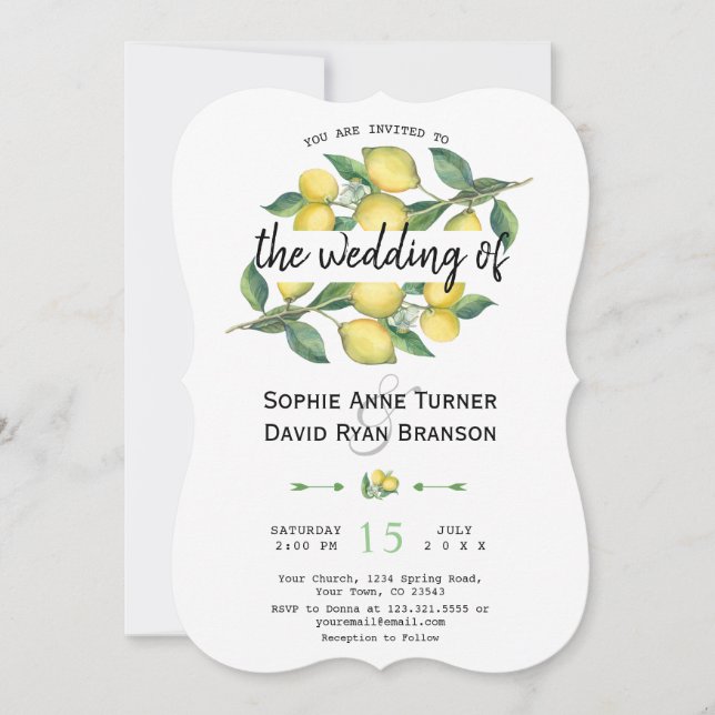 Charm Watercolor Lemon Tropische Hochzeit Einladung (Vorderseite)