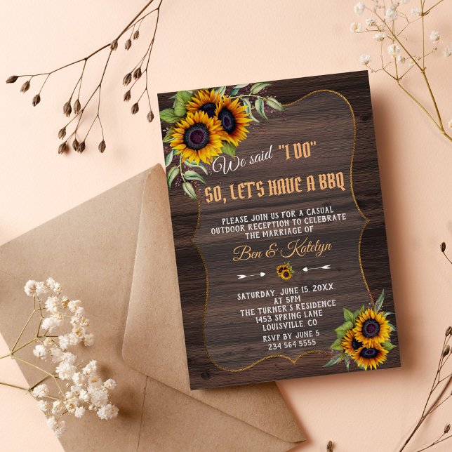 Charm Watercolor Sonnenblumen Wood Wedding I DO GR Einladung (I do bbq wedding sunflowers wood fall)