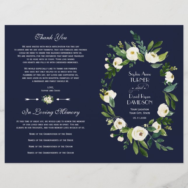 Charm Watercolor White Floral Dark Blue Program (Vorderseite)