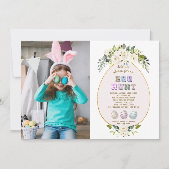 Charm Weiße Blume Foto Ostereier Jagd Einladung (Vorderseite)