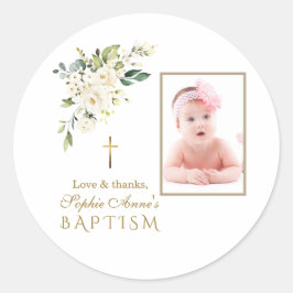 Charm White Blume Girl Foto Taufe Runder Aufkleber