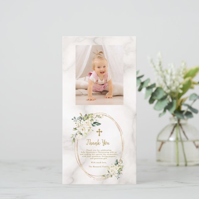 Charm White Blume Gold Cross Foto Christine Dankeskarte (Stehend Vorderseite)