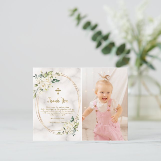 Charm White Blume Gold Cross Foto Christine Dankeskarte (Stehend Vorderseite)