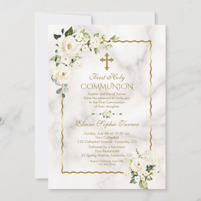 Charm White Blume Gold Erste heilige Kommune Einladung (Vorderseite)