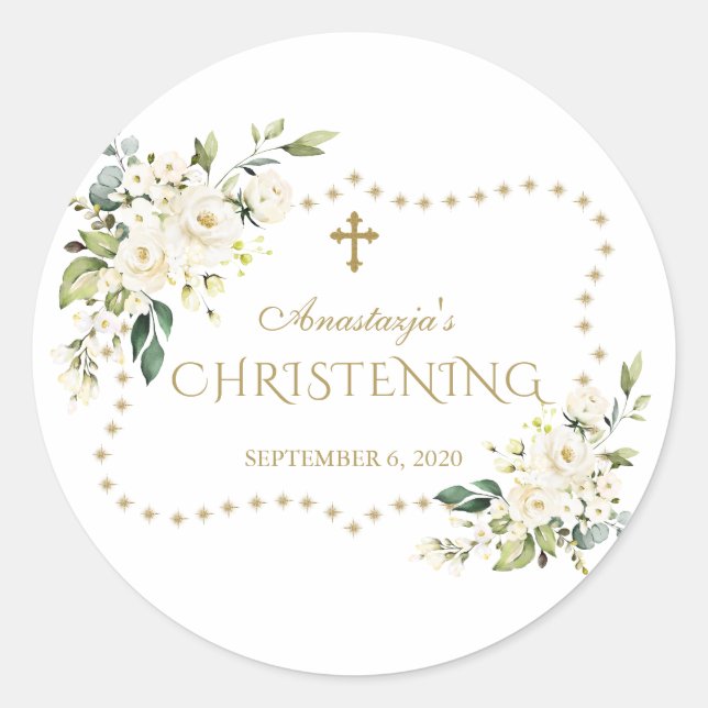 Charm White Blume Gold Glitzer Rahmen Christening Runder Aufkleber (Vorderseite)