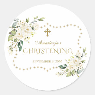Charm White Blume Gold Glitzer Rahmen Christening Runder Aufkleber
