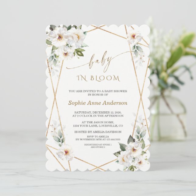 Charm White Blume Rose Gold Baby in Bloom Einladung (Stehend Vorderseite)