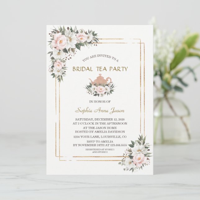 Charm White Blush Blume Gold Bridal Tee Party I Einladung (Stehend Vorderseite)