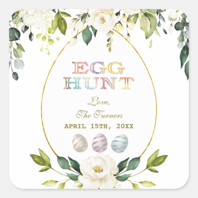 Charm White Cream Blume Ei Hunt Gold Ostern Quadratischer Aufkleber (Vorderseite)