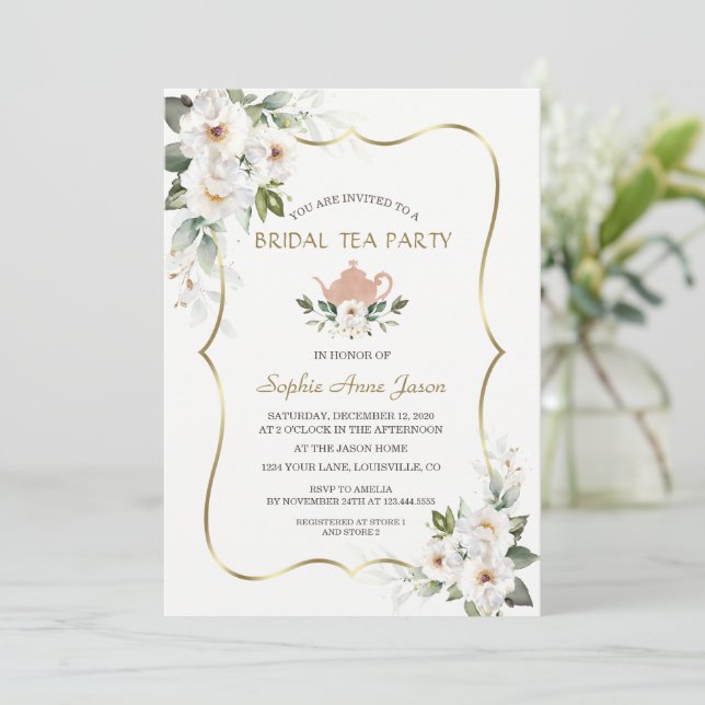 Charm White Floral Gold Brautparty Tee Party Einladung (Stehend Vorderseite)