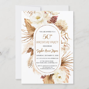 Charm White Floral Pampas Grass Palm 50. Geburtsta Einladung