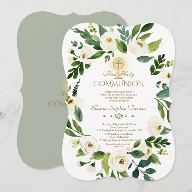 Charm White Floral Wreath Cross Heilige Kommune Einladung (Vorne/Hinten)