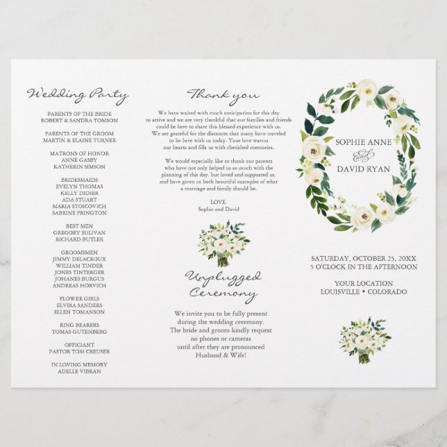 Charm White Floral Wreath Tri+Fold Hochzeitsprogra Flyer (Vorne)