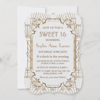 Charm White Gold Great Gatsby Art Deco Sweet 16 Einladung