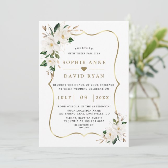Charm White Magnolia Gold Floral Wedding Einladung (Stehend Vorderseite)