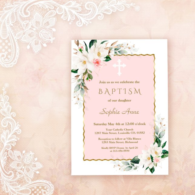 Charm White Magnolia Pink Gold Floral Taufe Einladung (white magnolia baptism, trendy modern elegant baptism invitation, gold white floral baptism invite)
