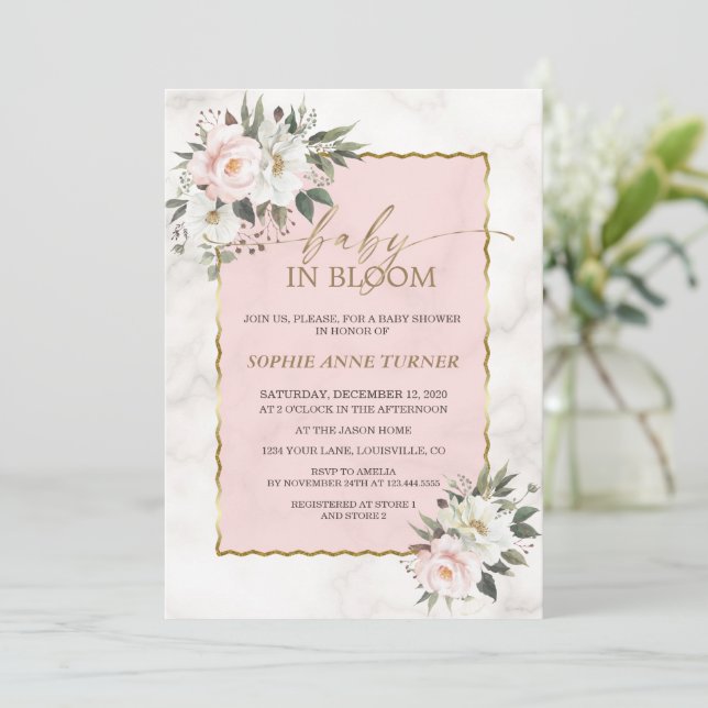 Charm White Pink Blume Gold Baby in Bloom Einladung (Stehend Vorderseite)