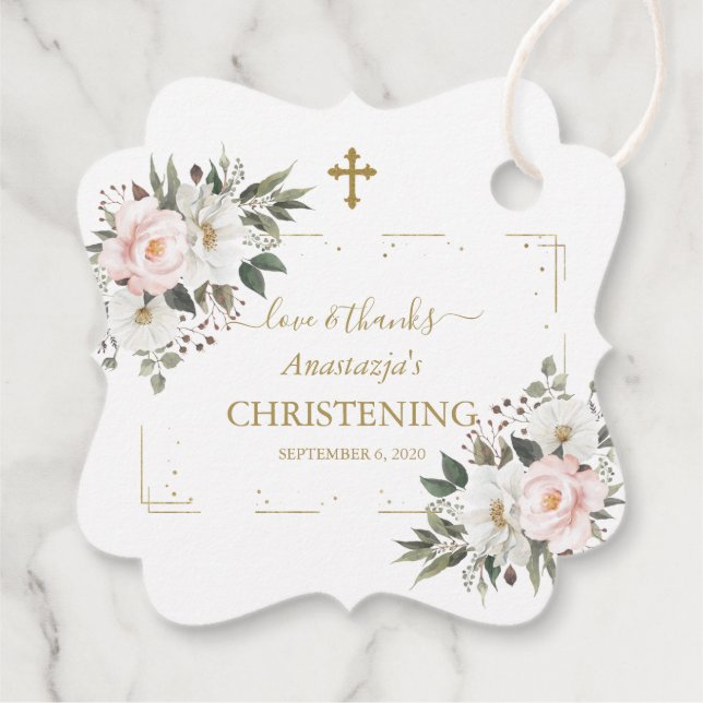 Charm White Pink Floral Gold Confetti Christening Geschenkanhänger (Rückseite)
