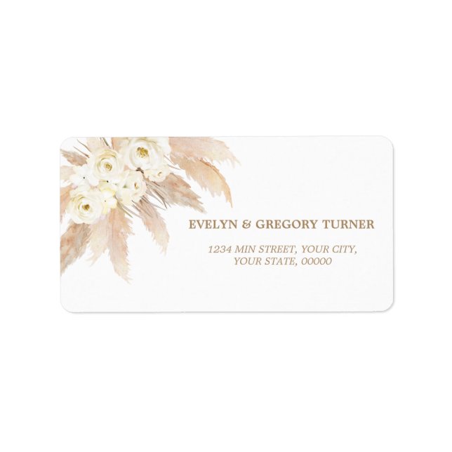 Charm White Roses Pampas Grass Gold Hochzeit Adressaufkleber (Vorne)