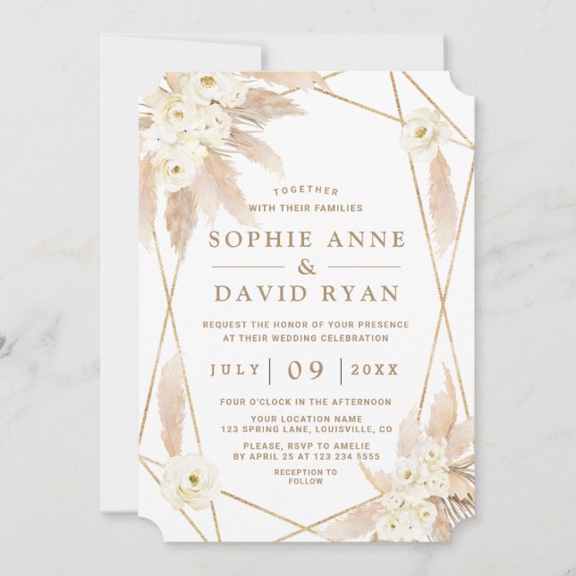 Charm White Roses Pampas Grass Gold Hochzeit Einladung (Vorderseite)
