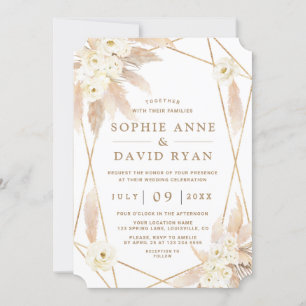 Charm White Roses Pampas Grass Gold Hochzeit Einladung