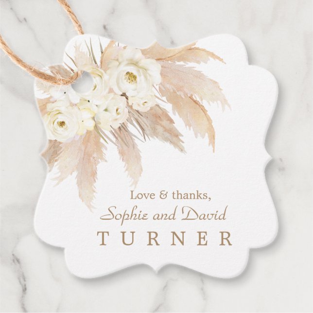 Charm White Roses Pampas Grass Gold Hochzeit Geschenkanhänger (Vorderseite)