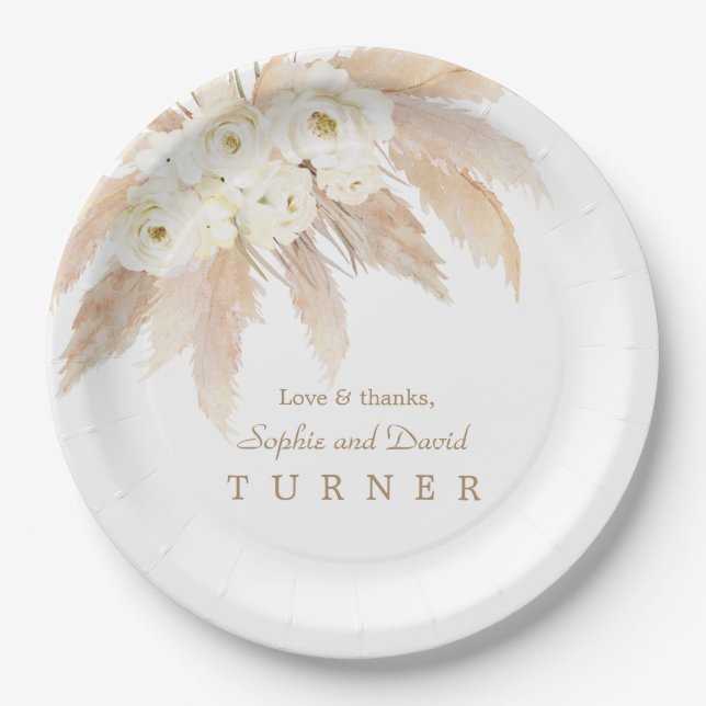 Charm White Roses Pampas Grass Wedding Pappteller (Vorderseite)