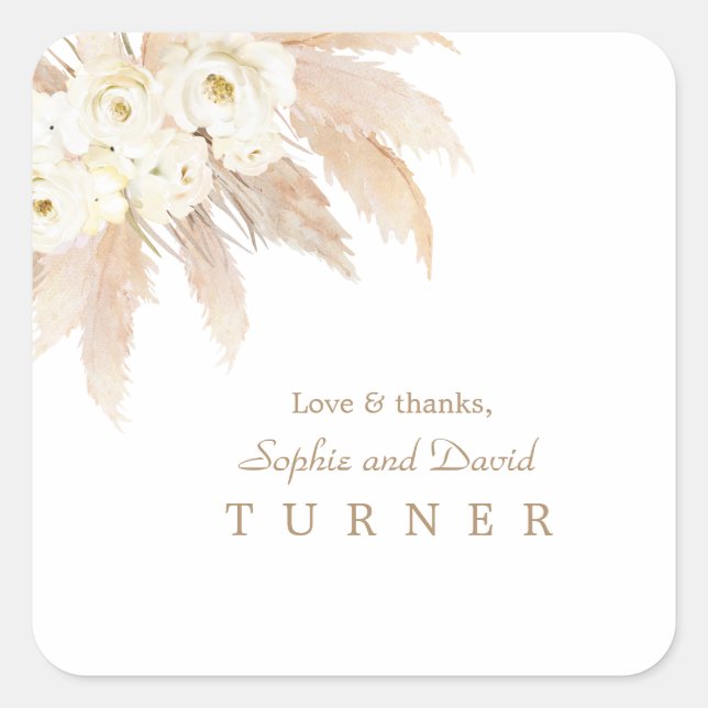 Charm White Roses Pampas Grass Wedding Quadratischer Aufkleber (Vorderseite)