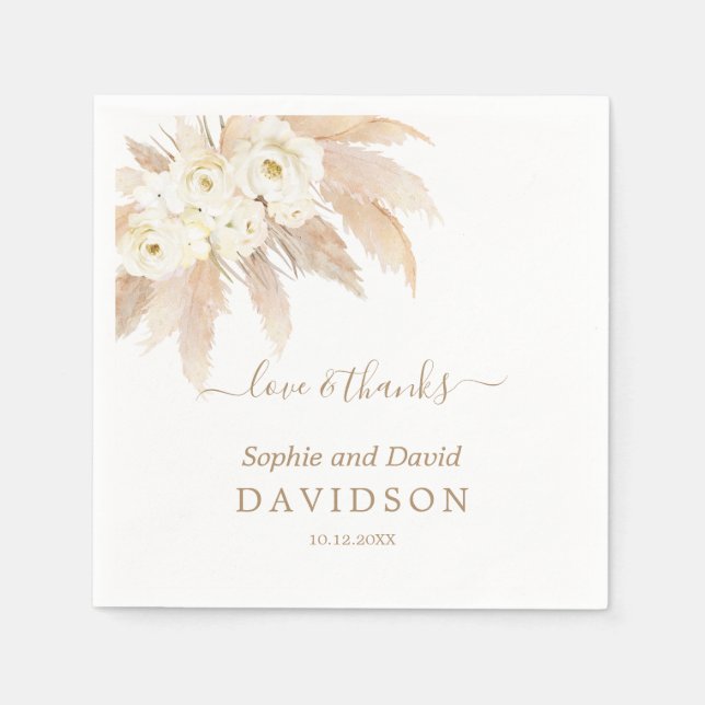 Charm White Roses Pampas Grass Wedding Serviette (Vorderseite)