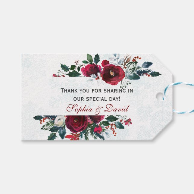 Charm Winter Burgundy Pine Frame Wedding Geschenkanhänger (Vorderseite (Horizontal))