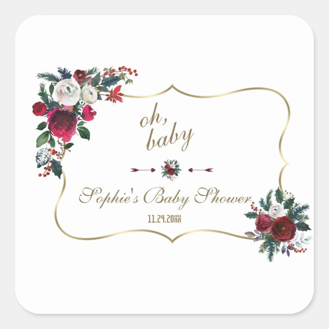 Charm Winter Burgundy Pine Gold BABY SHOWY Quadratischer Aufkleber (Vorderseite)