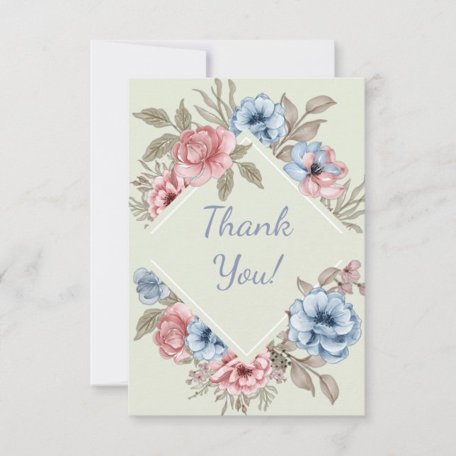 Charmant Blush Pink und Dusty Blue Floral Wedding Dankeskarte (Vorderseite)