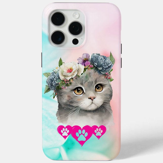 Charmant Chat avec étui de téléphone Couronne Fleu (Verso)