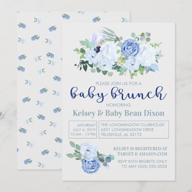 Charmant et moderne Brunch Floral Bleu Invitation (Devant / Derrière)