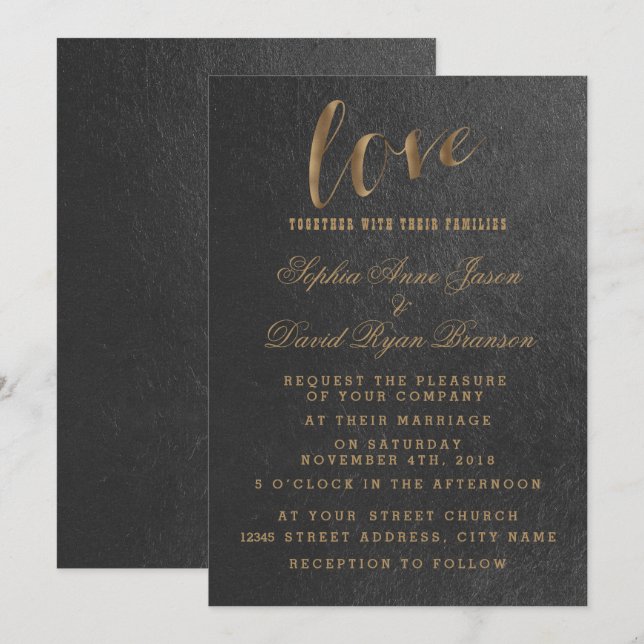 Charmant Faire-part de mariage noir à huile d'or (Devant / Derrière)